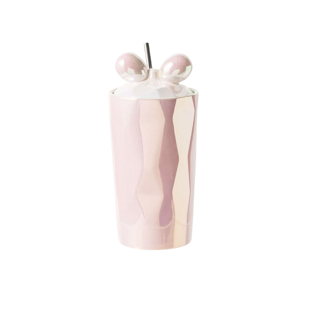 Taza Rosa Divine | Cerámica Iridiscente con Moño – Una Tacita Linda
